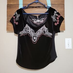 Free People "Party Train" embroidered Black velvet Bohemian Top Large